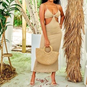 Brown Strapless Dress with Bow Detail